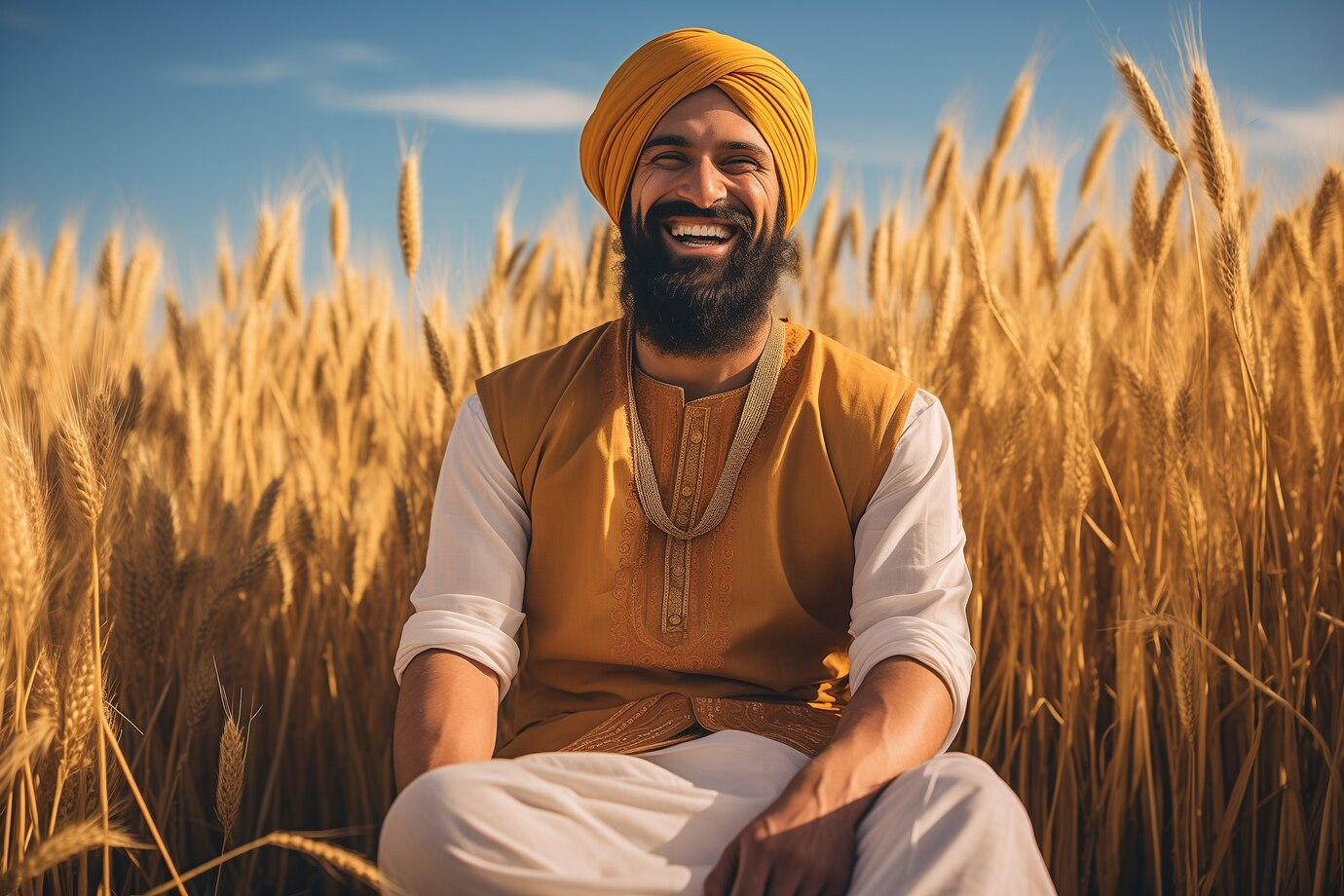 Farmer in wheat field with orange turban